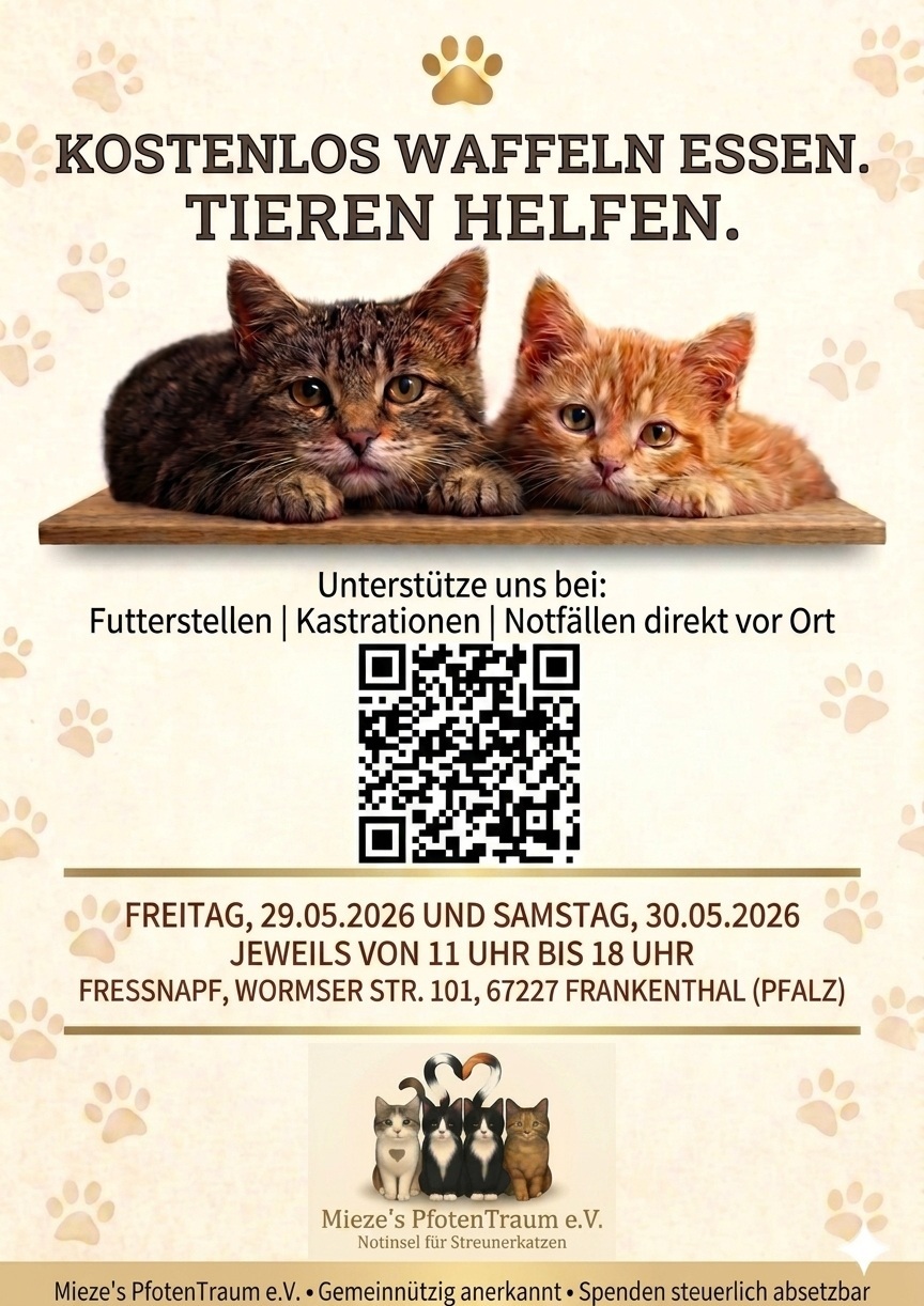 Veranstaltungsplakat: Waffel Event, Fressnapf Frankenthal – Tierschutzverein Mieze's PfotenTraum